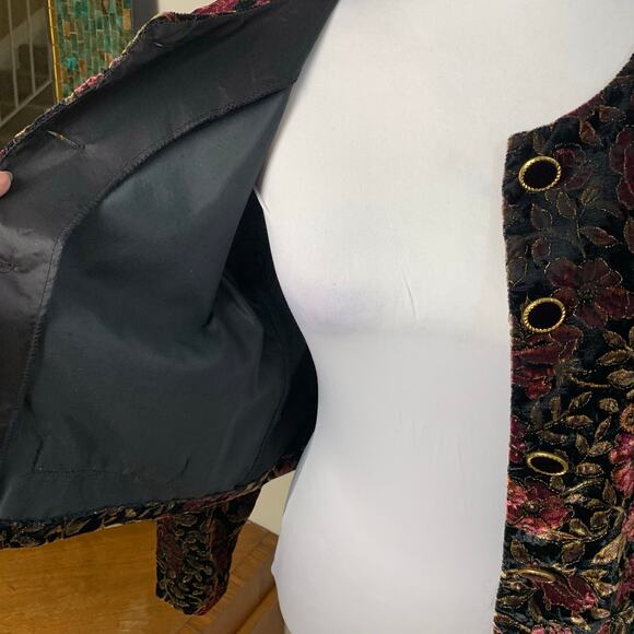 Vintage Size L Velvet Floral Print Crop Jacket Puff Sleeve Gold Etched - Picture 8 of 11